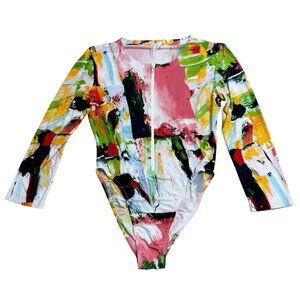 NORMA KAMALI RASHGUARD BODYSUIT WATERMELON SPLASH SIZE L ARTSY COLORFUL ZIP